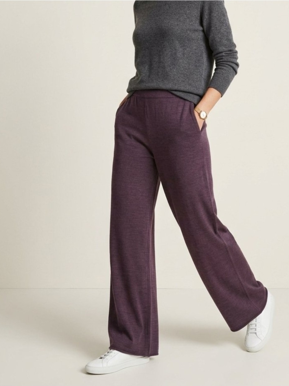 Eileen Fisher Purple Knit Silk Blend Wide-Leg Pull On Pants Stretch Size S
